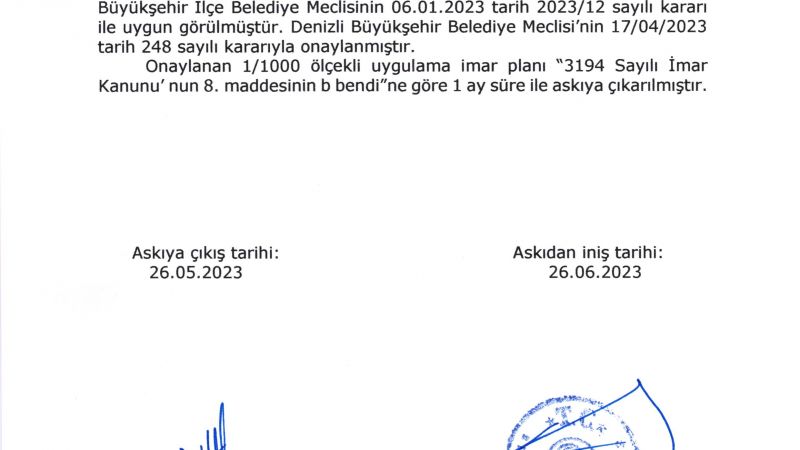 DENİZLİ İLİ, GÜNEY İLÇESİ, DOĞANLI MAHALLESİ, L22-D-14-A-4- A PAFTA , ADIGÜZEL II BARAJI HİDROELEKTRİK SANTRALİ İÇERİSİNDE TRAFO ALANI AMAÇLI 1/1000 ÖLÇEKLİ UYGULAMA İMAR PLANI DEĞİŞİKLİĞİ