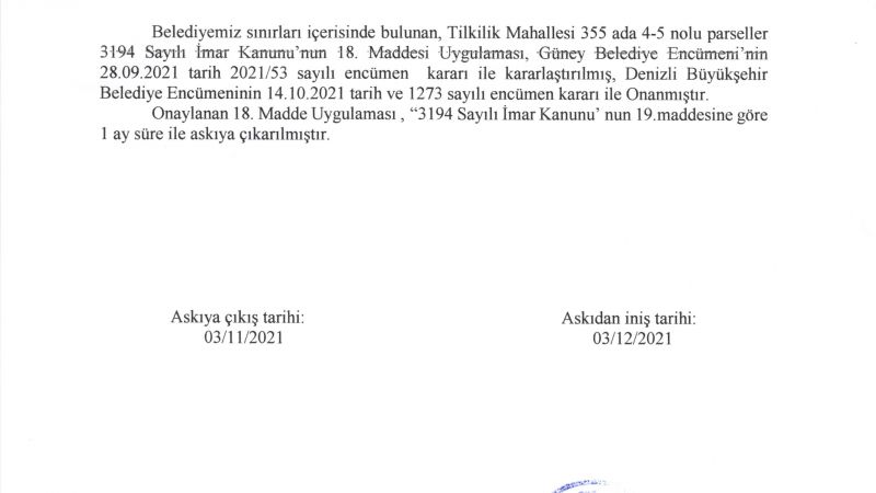 TİLKİLİK MAHALLESİ 355 ADA 4 ve 5 NOLU PARSEL 18. MADDE UYGULAMASI