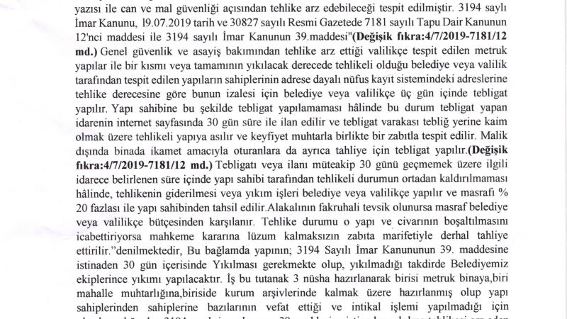 Metruk Bina Duyurusu(Karaağaçlı Mahallesi 206 ada 3 parsel)