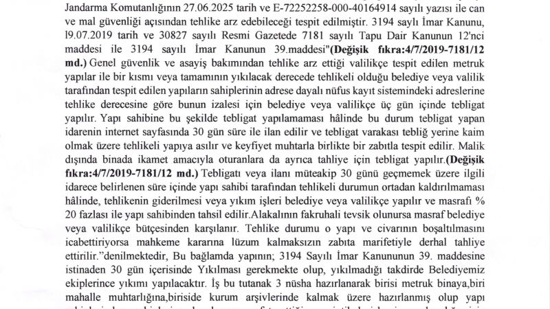 Metruk Binalar Duyurusu (Eziler Mahallesi 152 ada 1 ve 152 ada 2 parsel)